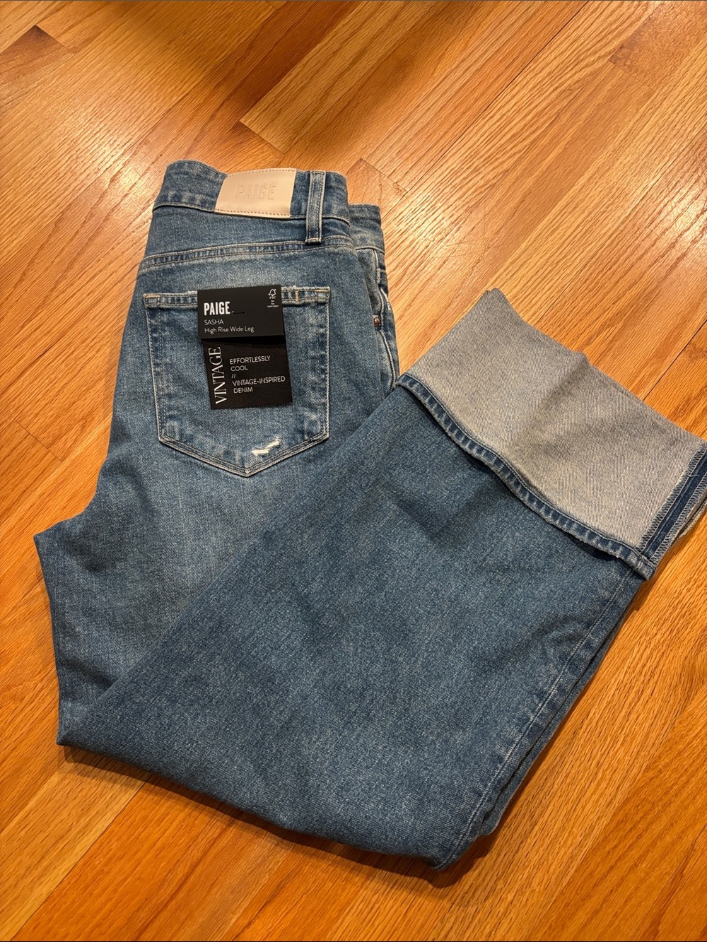 PAIGE Women’s Sasha High Rise Wide Leg Cropped Cuffed Distressed Jeans Sz 28